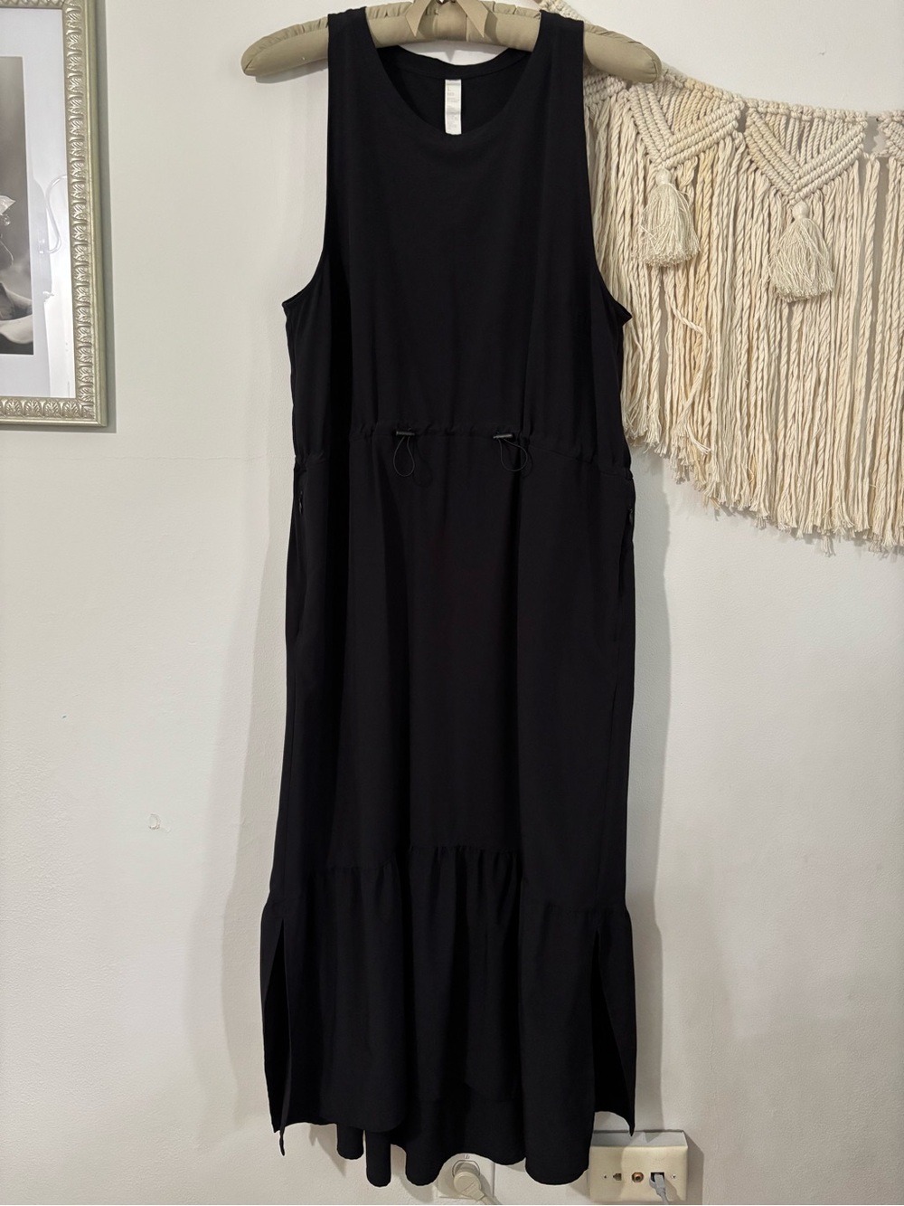 Zella Black Sleeveless Maxi Dress with Drawstring Waist and Tiered Hem